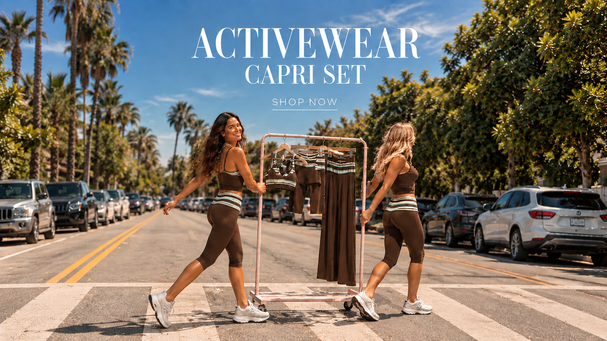 Women wearing chocolate brown activewear sets on a sunny palm-lined street