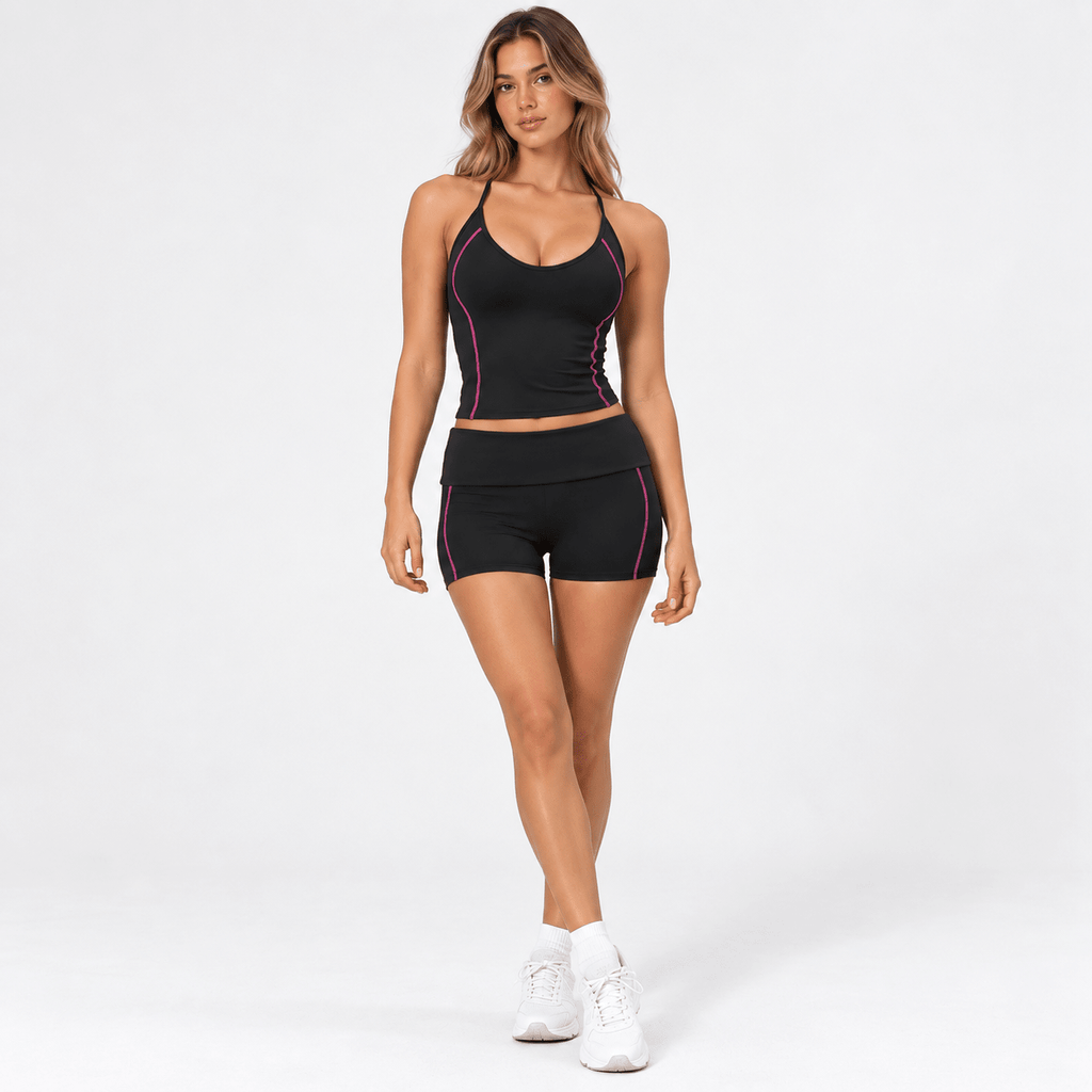 Black Women’s Activewear Set – Adjustable Halter Top & Fold-Over Waistband Shorts