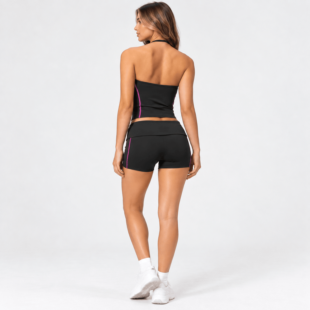 Black Women’s Activewear Set – Adjustable Halter Top & Fold-Over Waistband Shorts