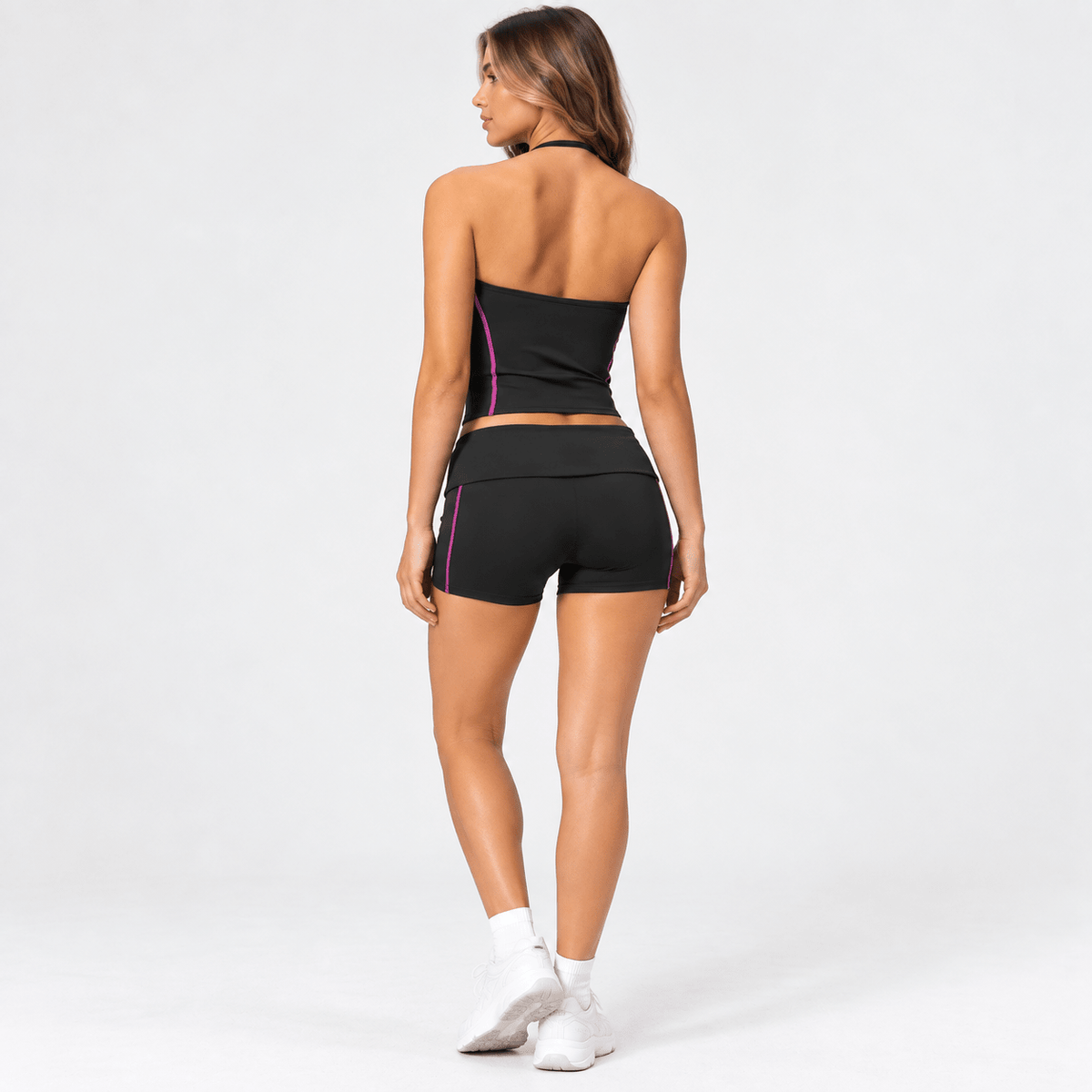 Black Women’s Activewear Set – Adjustable Halter Top & Fold-Over Waistband Shorts