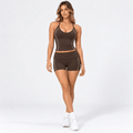 Brown Women’s Activewear Set – Adjustable Halter Top & Fold-Over Waistband Shorts