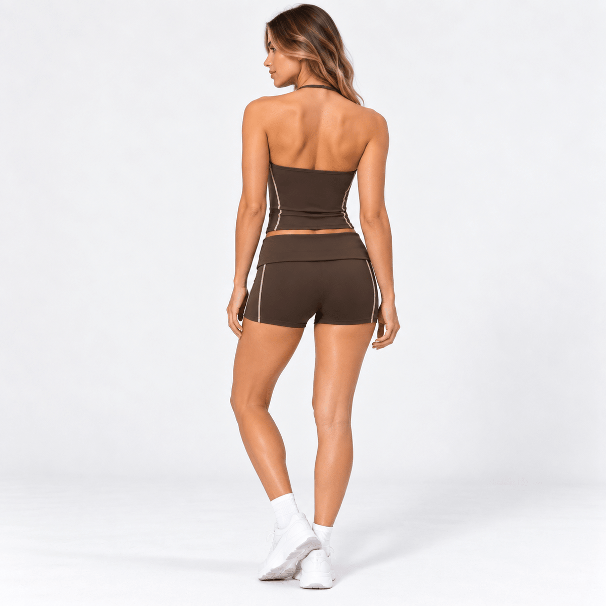 Brown Women’s Activewear Set – Adjustable Halter Top & Fold-Over Waistband Shorts
