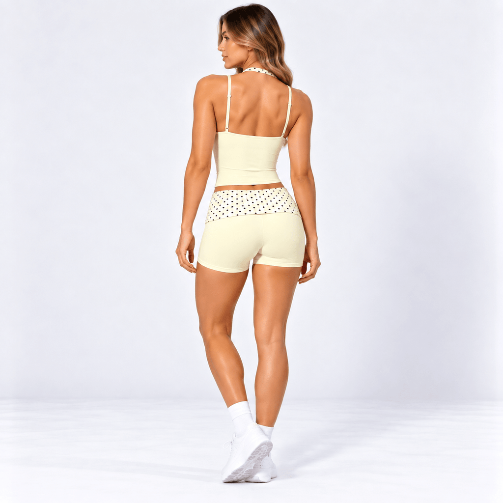 Butter Yellow Women’s Activewear Set – Layered Halter Top & Polka Dot Fold-Over Waist Shorts