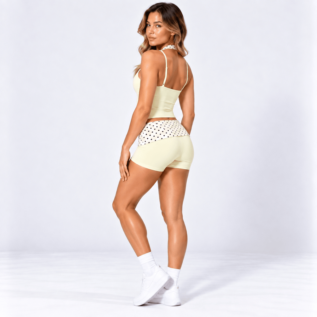 Butter Yellow Women’s Activewear Set – Layered Halter Top & Polka Dot Fold-Over Waist Shorts