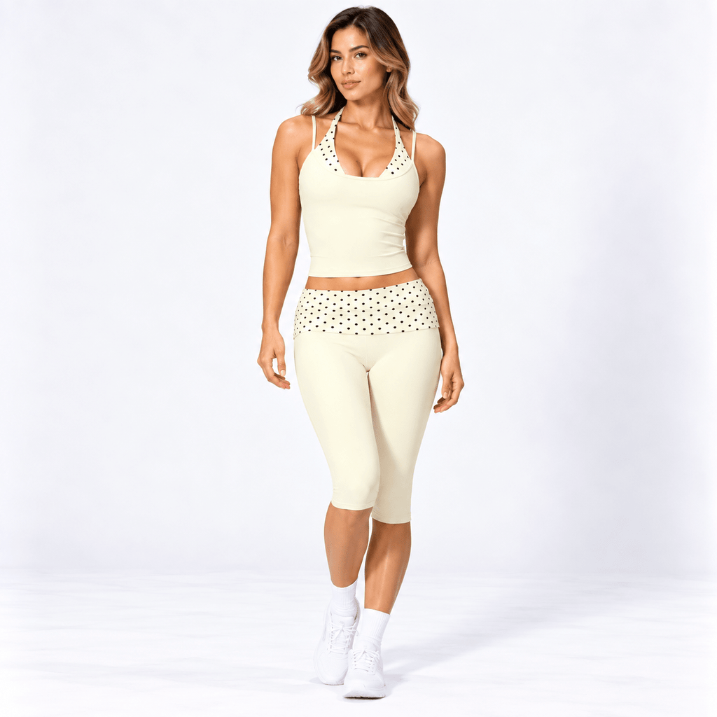Butter Yellow Women’s Activewear Set – Layered Halter Top & Polka Dot Fold-Over Waist Capri's