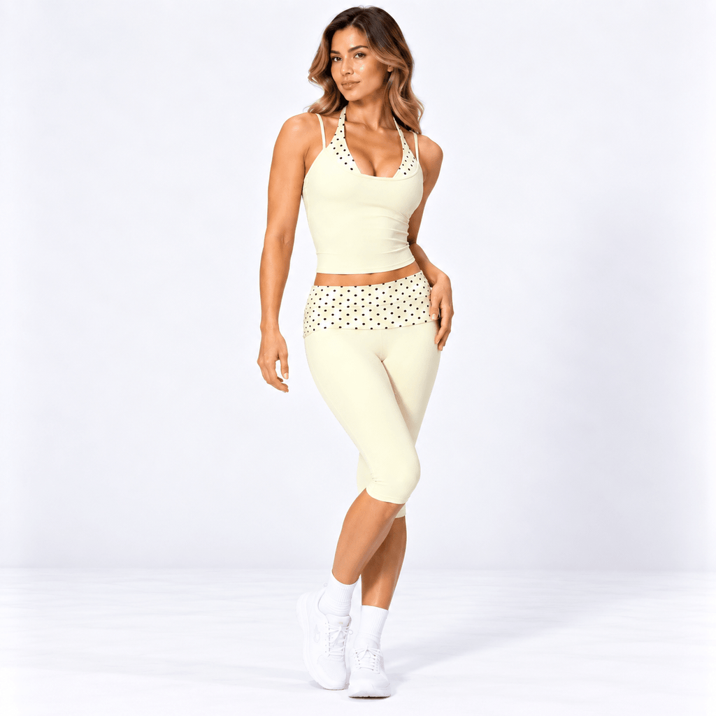 Butter Yellow Women’s Activewear Set – Layered Halter Top & Polka Dot Fold-Over Waist Capri's