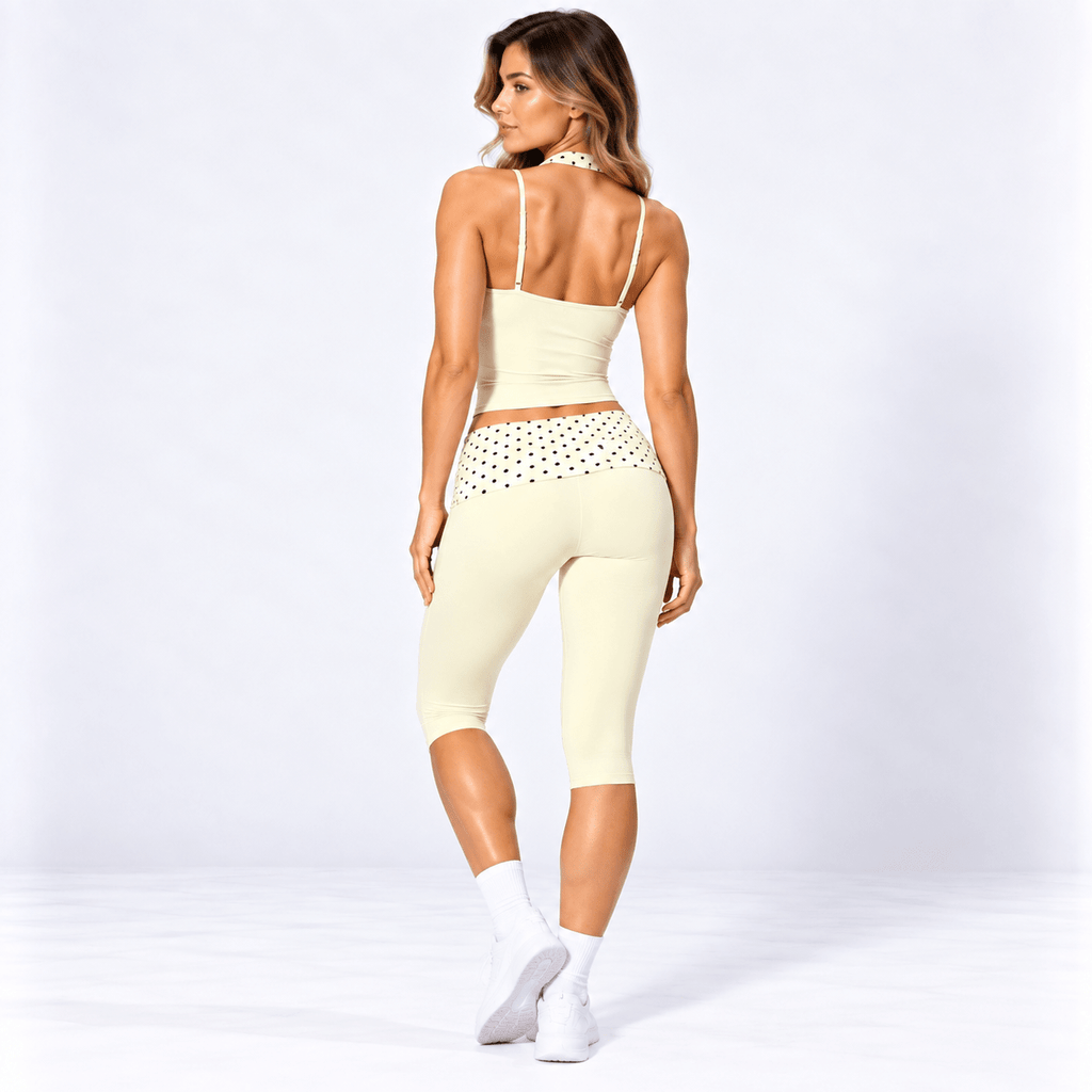 Butter Yellow Women’s Activewear Set – Layered Halter Top & Polka Dot Fold-Over Waist Capri's
