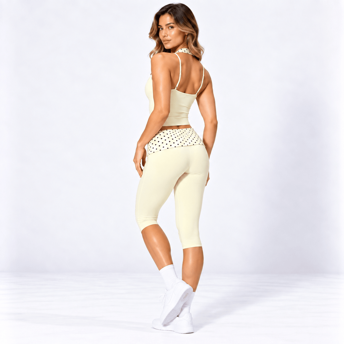 Butter Yellow Women’s Activewear Set – Layered Halter Top & Polka Dot Fold-Over Waist Capri's