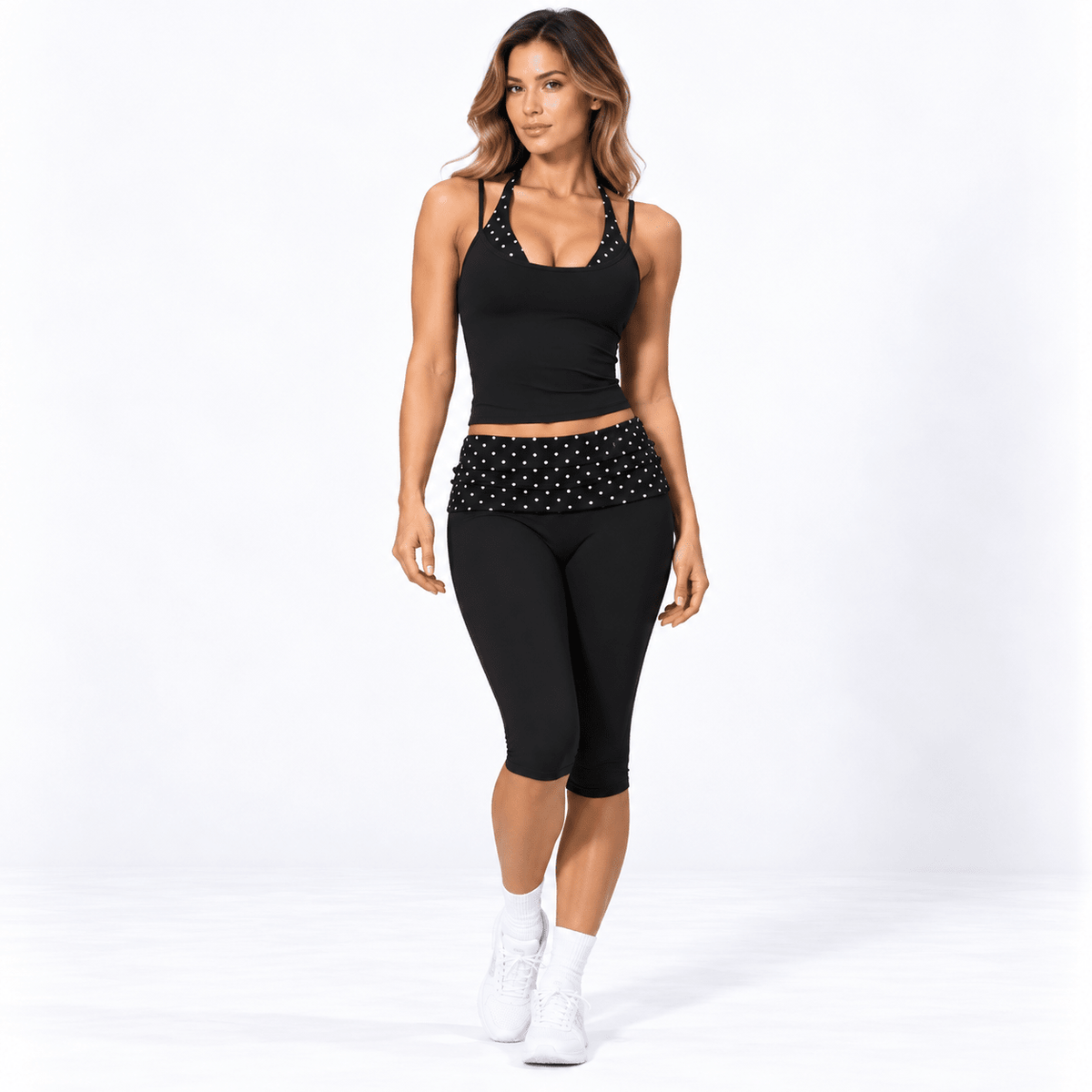 Black Polka Dot Women’s Activewear Set – Layered Halter Top & Polka Dot Fold-Over Waist Capri's