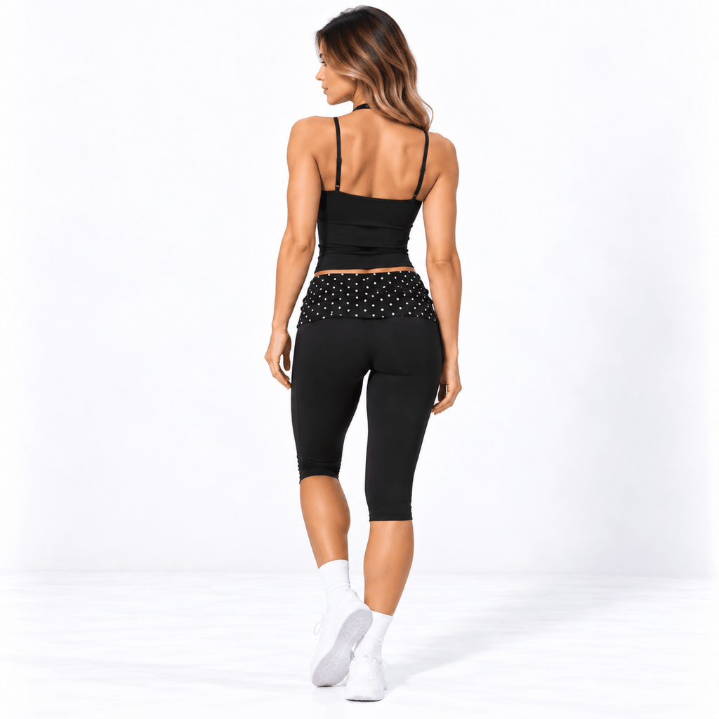 Black Polka Dot Women’s Activewear Set – Layered Halter Top & Polka Dot Fold-Over Waist Capri's