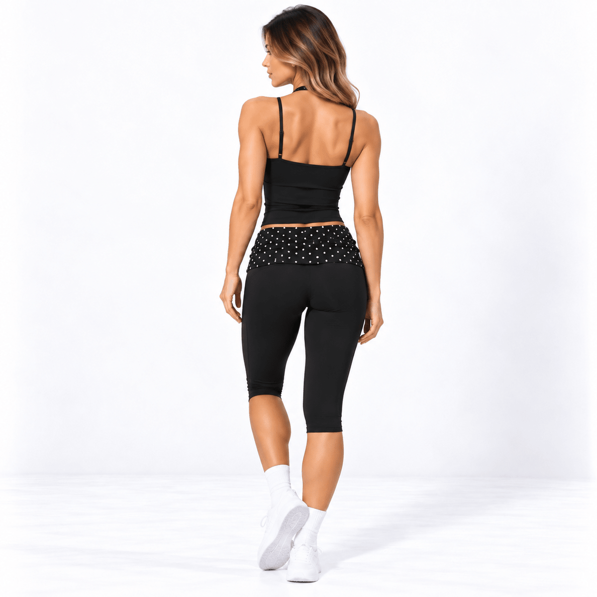 Black Polka Dot Women’s Activewear Set – Layered Halter Top & Polka Dot Fold-Over Waist Capri's