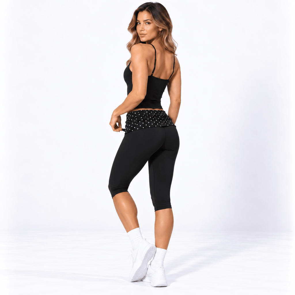 Black Polka Dot Women’s Activewear Set – Layered Halter Top & Polka Dot Fold-Over Waist Capri's