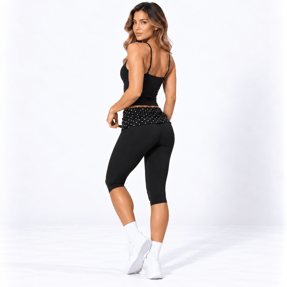 Black Polka Dot Women’s Activewear Set – Layered Halter Top & Polka Dot Fold-Over Waist Capri's