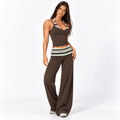 Chocolate Brown Women’s Activewear Set – Layered Halter Top & Striped Fold-Over Waist wide legged pants