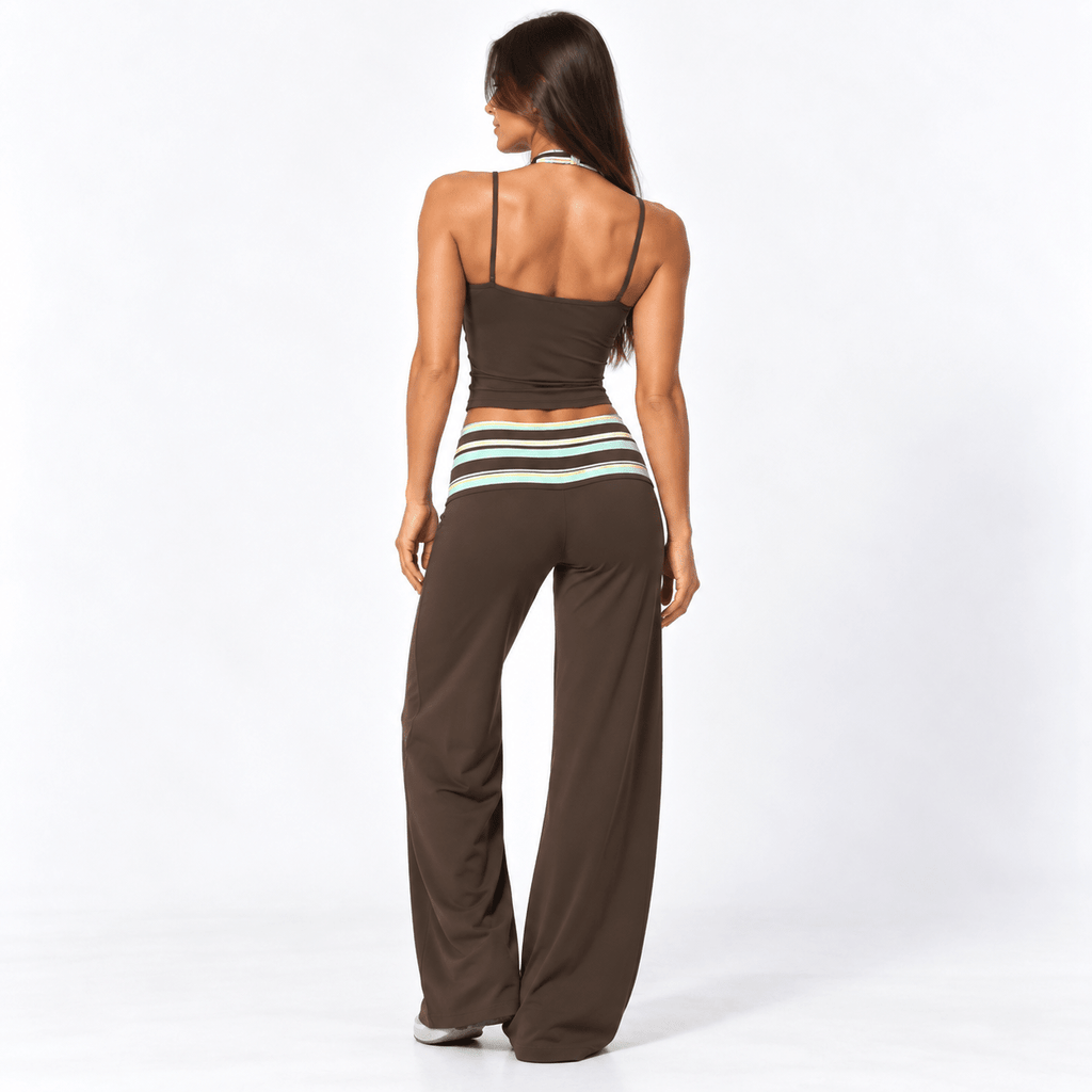 Chocolate Brown Women’s Activewear Set – Layered Halter Top & Striped Fold-Over Waist wide legged pants