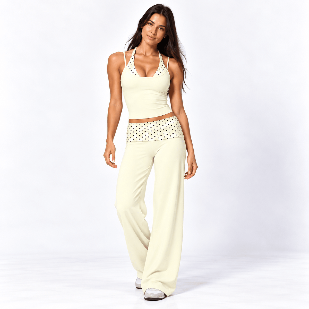 Butter Yellow Polka Dot Women’s Activewear Set – Layered Halter Top & Polka Dot Fold-Over Waist wide legged pants