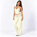 Butter Yellow Polka Dot Women’s Activewear Set – Layered Halter Top & Polka Dot Fold-Over Waist wide legged pants