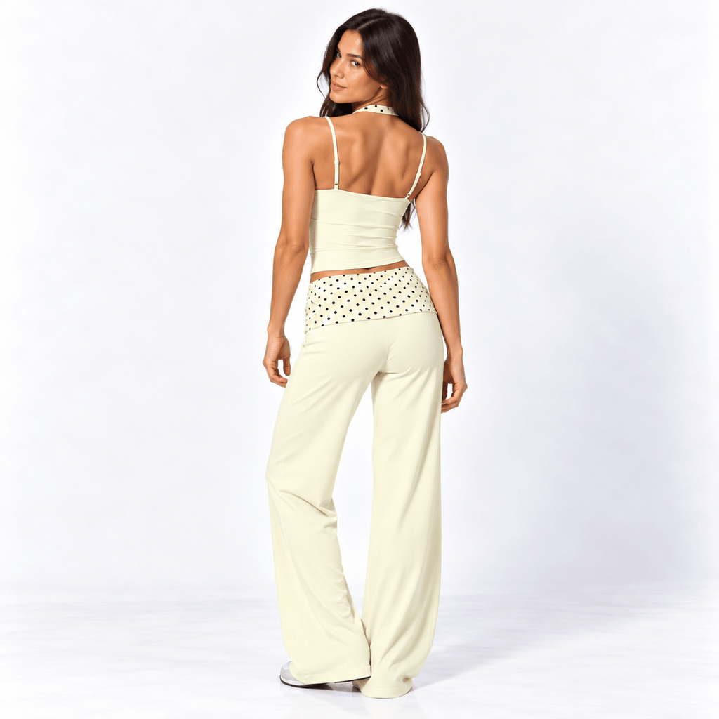 Butter Yellow Polka Dot Women’s Activewear Set – Layered Halter Top & Polka Dot Fold-Over Waist wide legged pants
