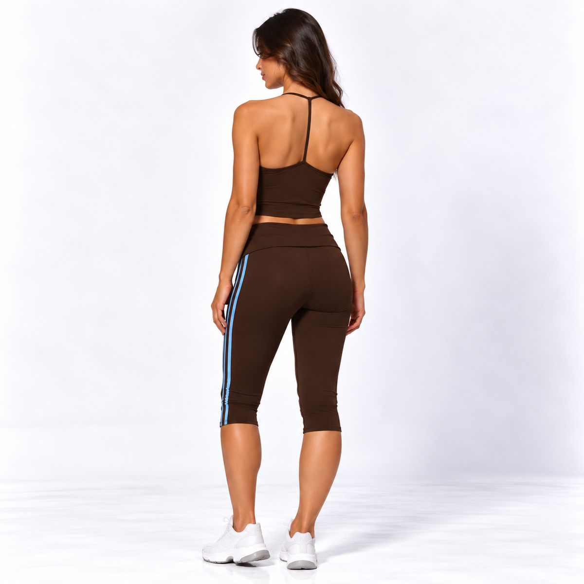 Chocolate Blue Women's Activewear Set – Halter Top & Fold-Over Capri Leggings