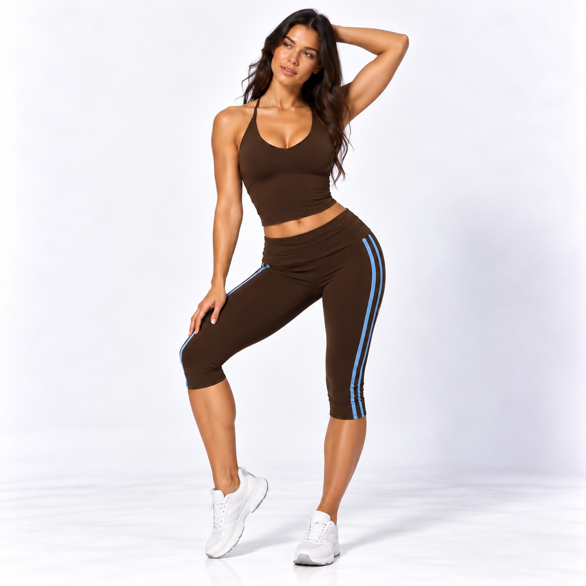 Chocolate Blue Women's Activewear Set – Halter Top & Fold-Over Capri Leggings
