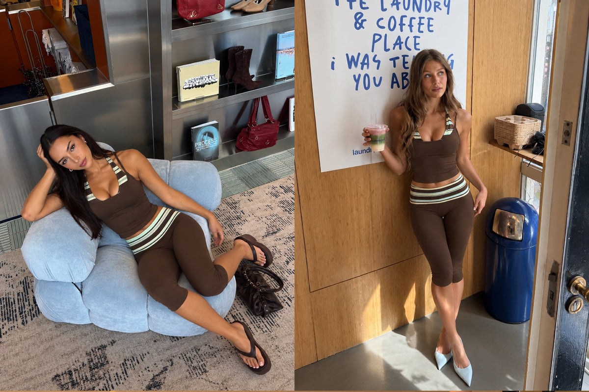 Women wearing chocolate brown activewear sets in a modern lifestyle setting